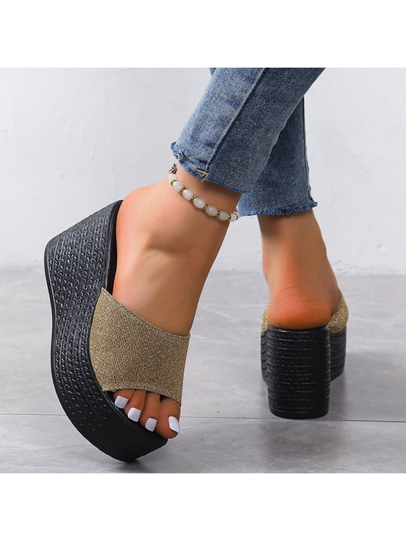 Women's Wedge Sandals Matsu Heel Thick Sole Slope Heel Women's Shoes Breathable Slip-On Beach Sandals Gold US Size 8.5