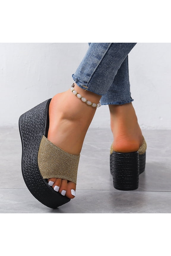 Women's Wedge Sandals Matsu Heel Thick Sole Slope Heel Women's Shoes Breathable Slip-On Beach Sandals Gold US Size 8.5