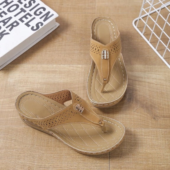 Tuobarr Women's Wedge Sandals Summer Ladies Fashion Slippers Women's Slope Heel Sandals Casual Wear Flip Flops Khaki US Size 7