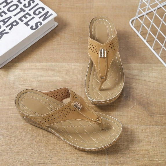 Tuobarr Women's Wedge Sandals Summer Ladies Fashion Slippers Women's Slope Heel Sandals Casual Wear Flip Flops Khaki US Size 9.5