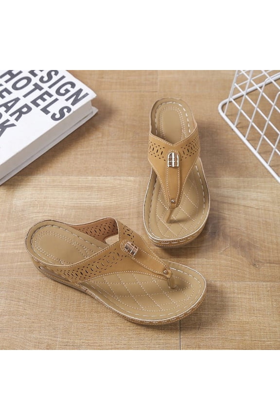 Women's Wedge Sandals Summer Ladies Fashion Slippers Women's Slope Heel Sandals Casual Wear Flip Flops Khaki US Size 9