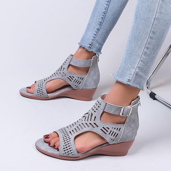 Tuobarr Women's Wedge Sandals Women's Cut-Out Casual Slippers Wedge Heel Shoes Buckle Comfortable Sandals Gray US Size 9.5