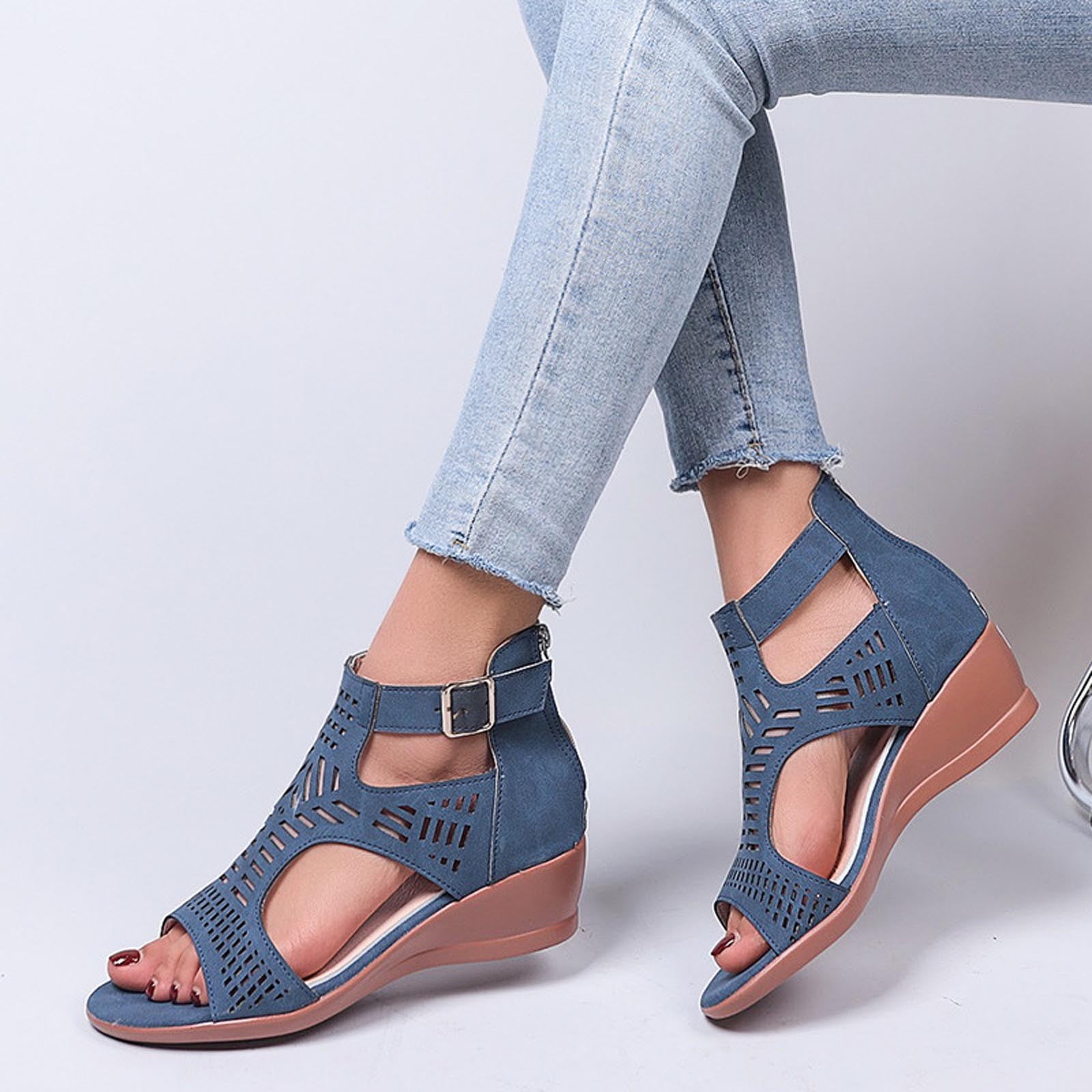 Tuobarr Women s Wedge Sandals Women s Cut Out Casual Slippers Wedge Heel Shoes Buckle Comfortable Sandals Navy US Size 9