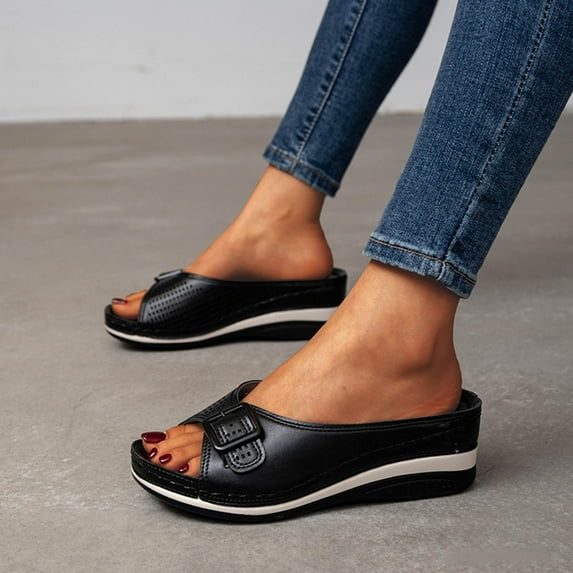 Tuobarr Women's Wedge Sandals Women's Flat Shoes Ladies Beach Sandals Summer Non-Slip Causal Slippers Black US Size 6.5