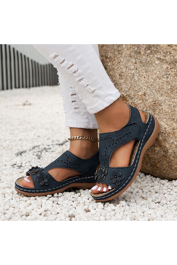 Women's Wedge Sandals Women's Flower Wedges Casual Slope Heel Sandals Comfortable Slippers Navy US Size 5.5