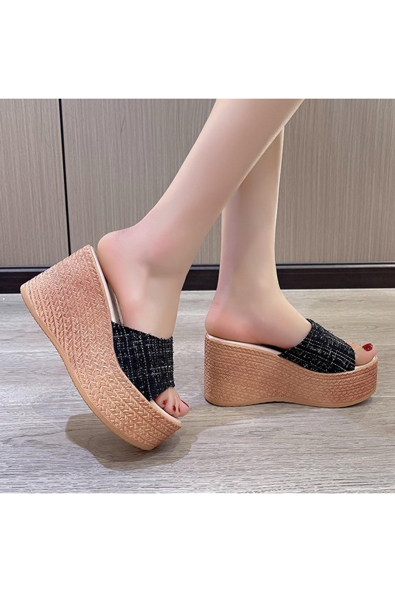 Women's Wedge Sandals Women's High Heels One Line Thick Sole Slippers Sponge Bottom Beach Sandals Black US Size 6