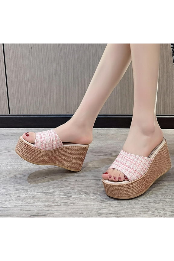 Women's Wedge Sandals Women's High Heels One Line Thick Sole Slippers Sponge Bottom Beach Sandals Pink US Size 7.5