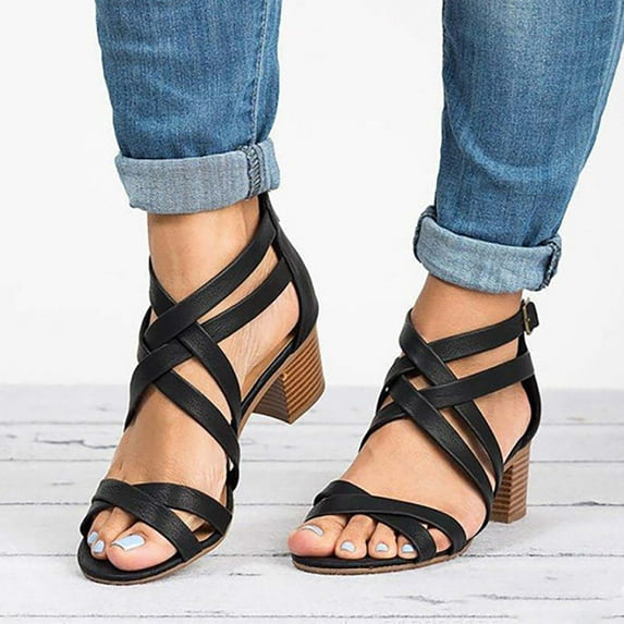 Tuobarr Womens Dress Heels Womens Middle Heels Fashion Hollow Out Ankle Strap Sandals Casual Shoes Black US Size 6.5