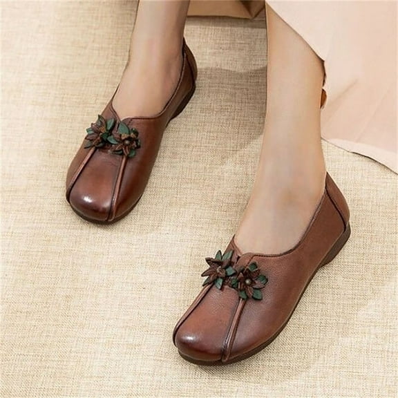 Tuobarr Womens Dress Shoes Women's Fashion Casual Loafers Comfortable Outdoor Flower Low-heeled Shoes Brown US Size 4.5