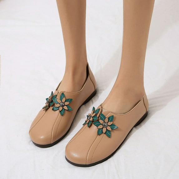 Tuobarr Womens Dress Shoes Women's Fashion Casual Loafers Comfortable Outdoor Flower Low-heeled Shoes Khaki US Size 4.5