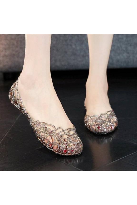 Womens Jelly Sandals Summer Hollow Out Flat Sandals Women's Casual Shoes Crystal Plastic Jelly Shoes Black US Size 5.5