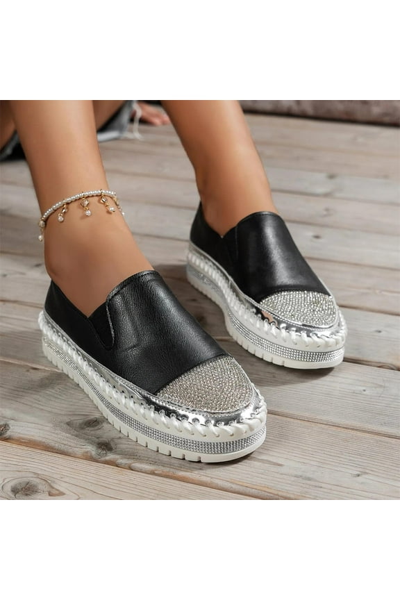 Womens Slip On Flat Shoes, Women's Fashion Color-matching Rhinestones Slip-on Loafers, Flat Skate Shoes, Flats Loafers for Women Black