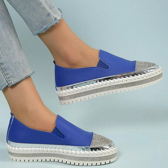 Tuobarr Womens Slip On Flat Shoes, Women's Fashion Color-matching Rhinestones Slip-on Loafers, Flat Skate Shoes, Flats Loafers for Women Blue