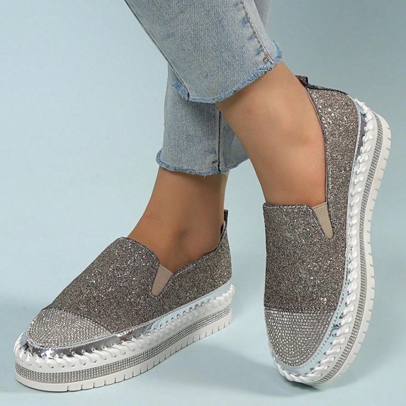 Tuobarr Womens Slip On Flat Shoes, Women's Fashion Color-matching Rhinestones Slip-on Loafers, Flat Skate Shoes, Flats Loafers for Women Silver