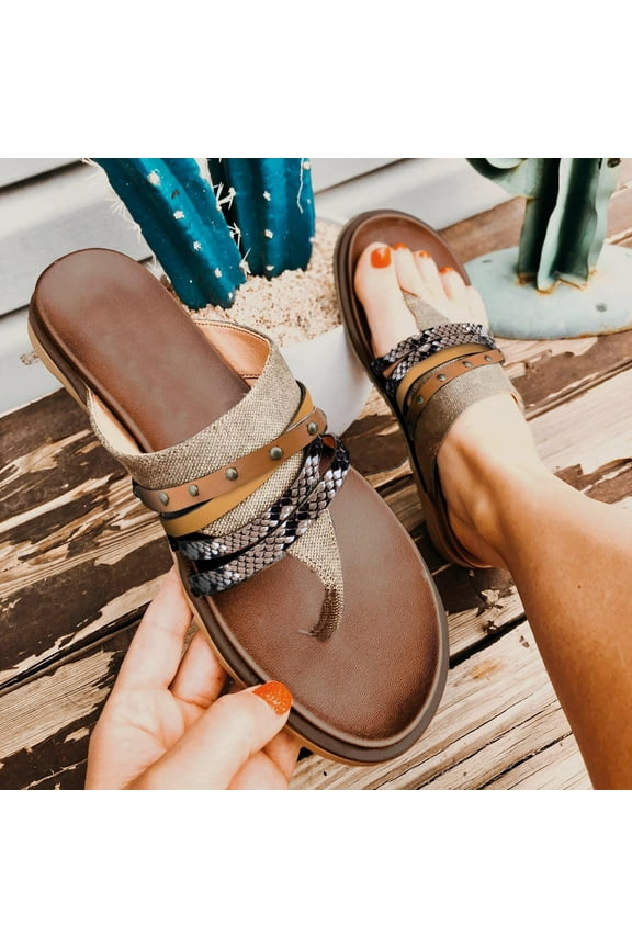 Womens Thong Sandals Summer Ladies Slippers Sandals Casual Women's Shoes Snake Pattern Color Matching Flip-Flops Slippers Brown US Size 5.5