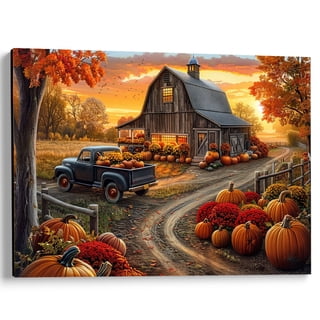 Tuohai Autumn Truck Pumpkin Canvas Wall Art Living Room Entryway Decor 16x12 inch