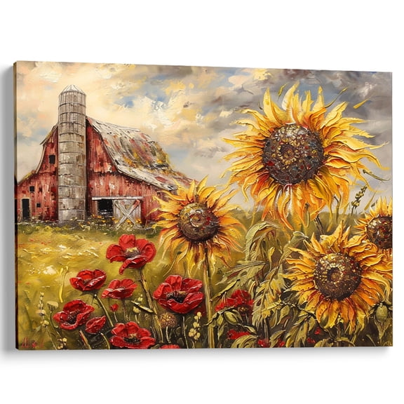 Tuohai Sunflower Red Barn Canvas Wall Art Living Room Kitchen Decor 16x12 inch