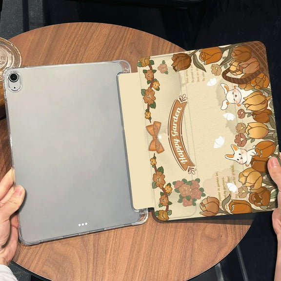 Tuohive Trifold Stand iPad Case for Pro11 11in Auto Wake Sleep Case TPU Smart Stand Back Cover with Pen Slot Golden Tulip Rabbit