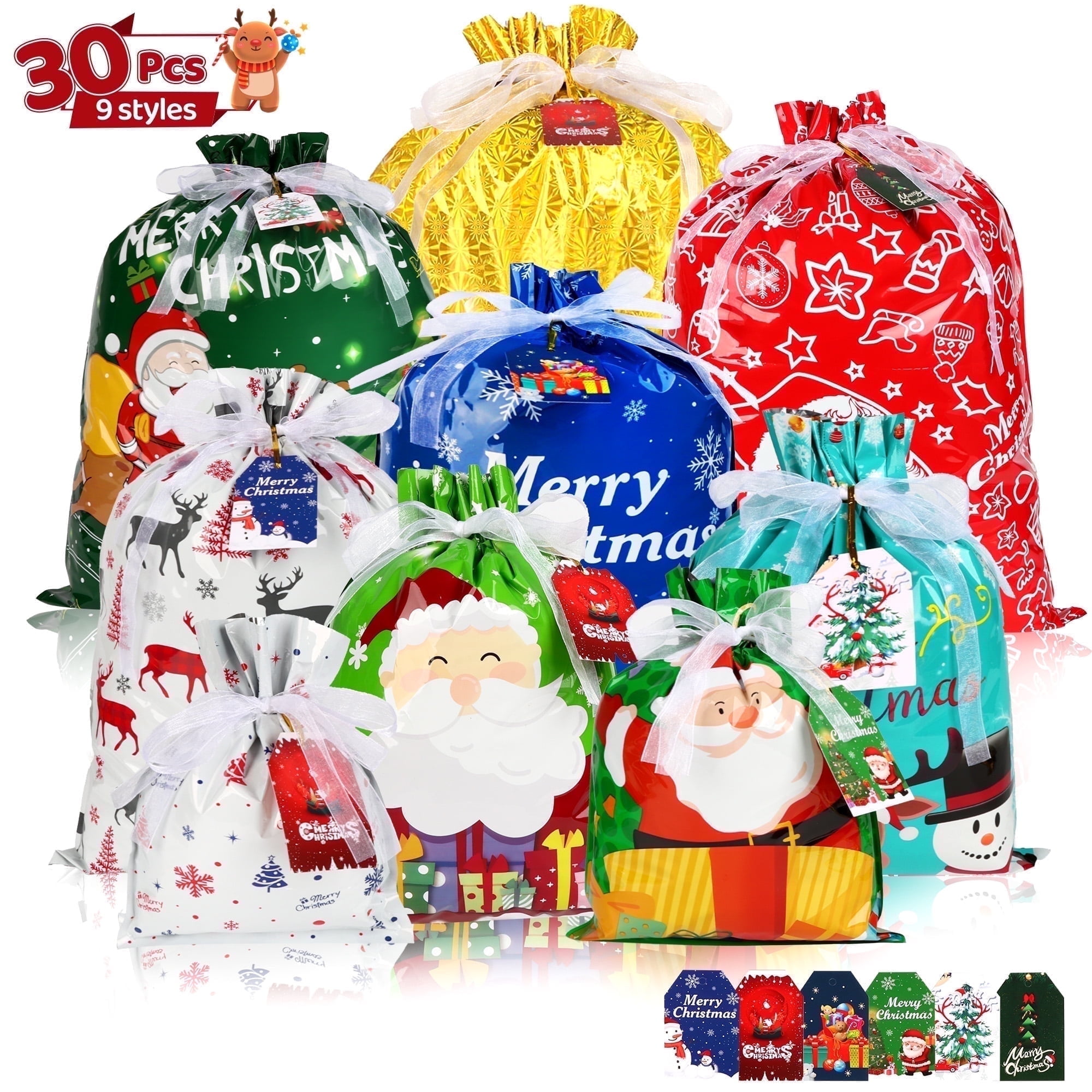 Tuonito 30PCS Christmas Drawstring Gift Bags of Assorted Sizes , Holiday Gift Bags with Drawstrings for Xmas Party Favors