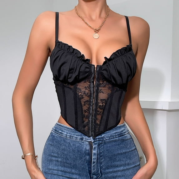 Tuosodrolic Corset Bustier for Women Renaissance Corsetss Front Closure Bodice Spaghetti Strap Crop Tops Embroidered Corset Tops
