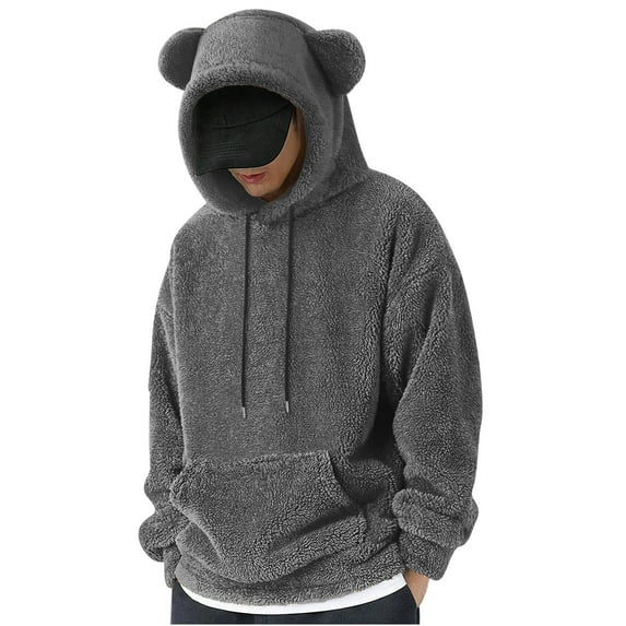 Tuosodrolic Hoodies for Men Cute Bear Ears Plush Sweatshirts Cozy Lounge Pullover Soft Oversized Hoodie Fashion Casual Homewear with Kanga Pockets