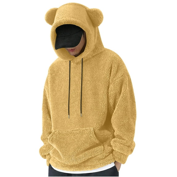 Tuosodrolic Hoodies for Men Cute Bear Ears Plush Sweatshirts Cozy Lounge Pullover Soft Oversized Hoodie Fashion Casual Homewear with Kanga Pockets