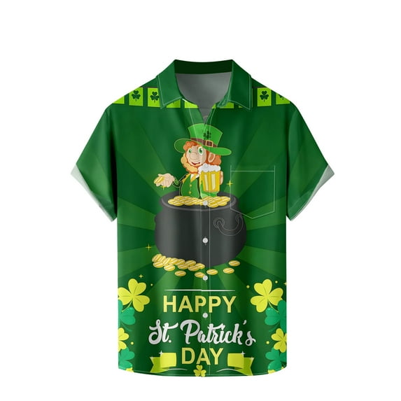 Tuosodrolic Mens St.Patrick's Day Shirt Irish Clover Print Casual Short Sleeve Hawaiian Button Up Shirts Graphic Tees Top