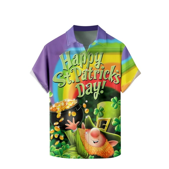 Tuosodrolic Mens St.Patrick's Day Shirt Irish Clover Print Casual Short Sleeve Hawaiian Button Up Shirts Graphic Tees Top