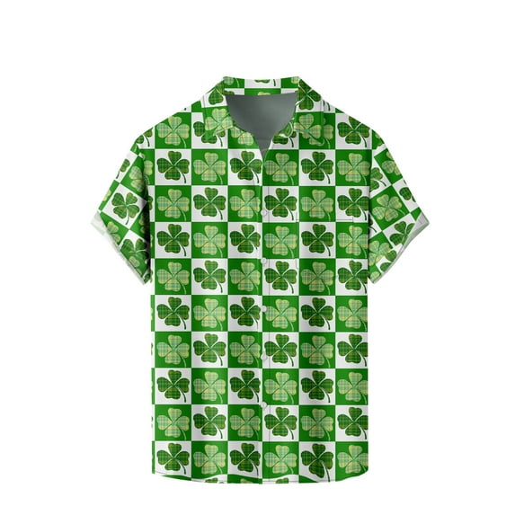Tuosodrolic Mens St.Patrick's Day Shirt Irish Clover Print Casual Short Sleeve Hawaiian Button Up Shirts Graphic Tees Top