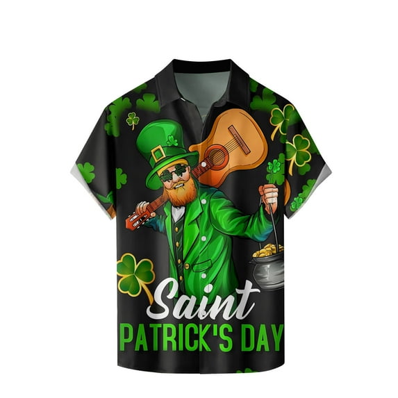 Tuosodrolic Mens St.Patrick's Day Shirt Irish Clover Print Casual Short Sleeve Hawaiian Button Up Shirts Graphic Tees Top