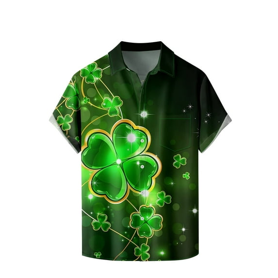 Tuosodrolic Mens St.Patrick's Day Shirt Irish Clover Print Casual Short Sleeve Hawaiian Button Up Shirts Graphic Tees Top