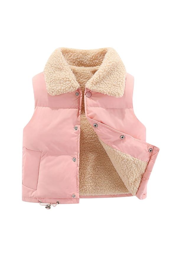 Toddler Fleece Lined Puffer Jacket Boys Girls Solid Lapel Down Vest Sleeveless Button Outerwear with Pockets 18M-12Y