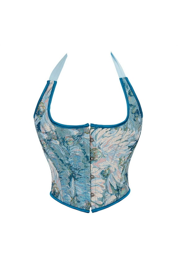 Vintage Corset Tops Women Renaissance Bustier Tops Retro Flroal Camis Halter Neck Overbust Bodice Boned Crop Tops, Tops De Corsé Renacentista Para Mujer