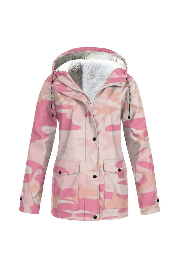 Waterproof Rain Jacket for Women Camo Rain Coat with Hood Fleece Lined Hiking Jackets Warm Winter Outdoor Windbreaker, Rain Jacketd for Women Waterproof Outdoor Windbreaker