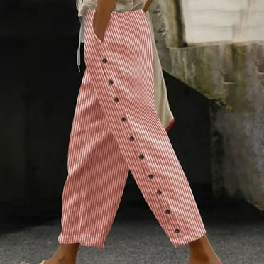 Tuosodrolic Women's Linen Pants Button Side Casaul Pants Striped Beach Pants Comfy Lounge Pants Loose Travel Pants with Pockets