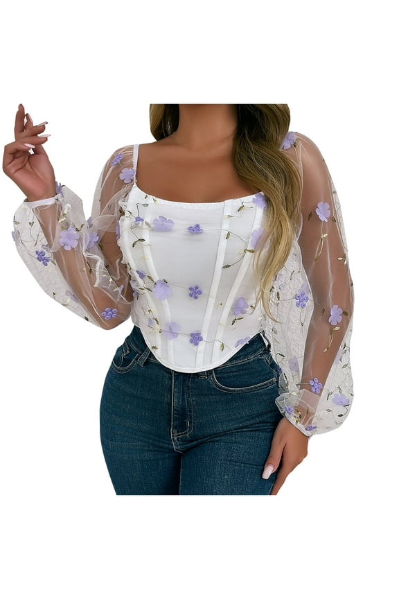 Womens Floral Corset Tops Mesh Long Sleeve Bustier Tops Vintage Renaissance Crop Tops Boned Cami Tops Medieval Top