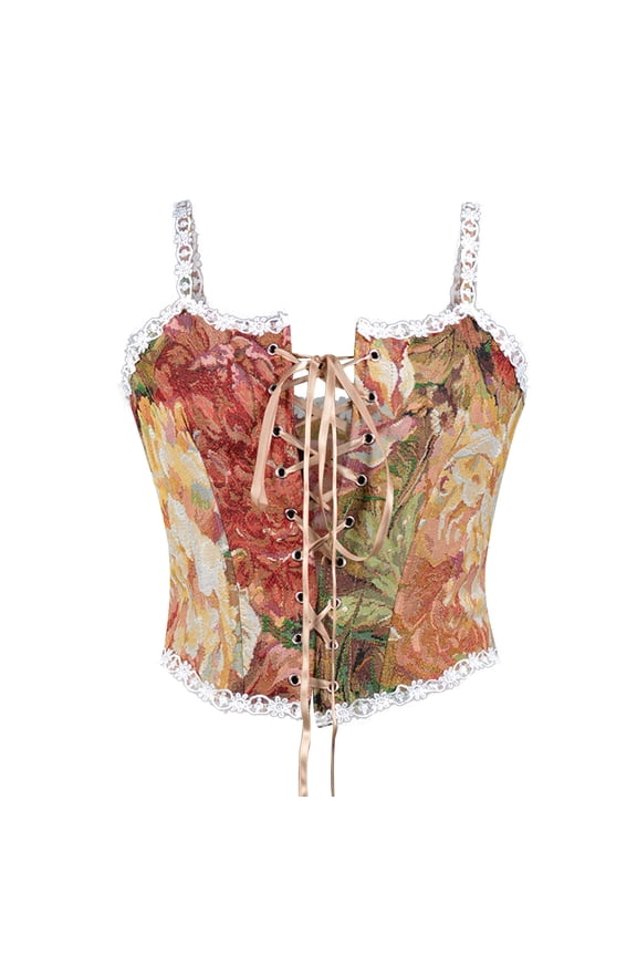 Womens Renaissance Corset with Strap Floral Bustier Tops Lace Up Bodice Vintage Boned Camis Overbust Body Shaper, Lace Up Corset Tops for Women Floral Corset Tops