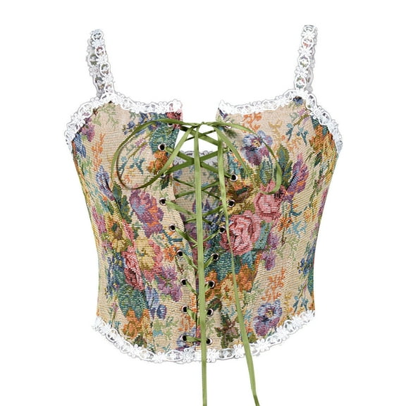 Tuosodrolic Womens Renaissance Corset with Strap Floral Bustier Tops Lace Up Bodice Vintage Boned Camis Overbust Body Shaper, Medieval Corsets for Women Boho Corsets