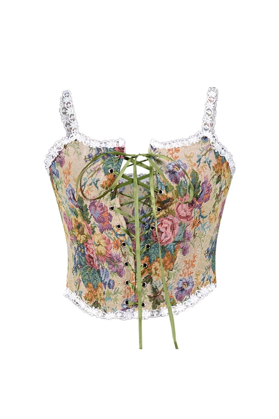 Womens Renaissance Corset with Strap Floral Bustier Tops Lace Up Bodice Vintage Boned Camis Overbust Body Shaper, Medieval Corsets for Women Boho Corsets