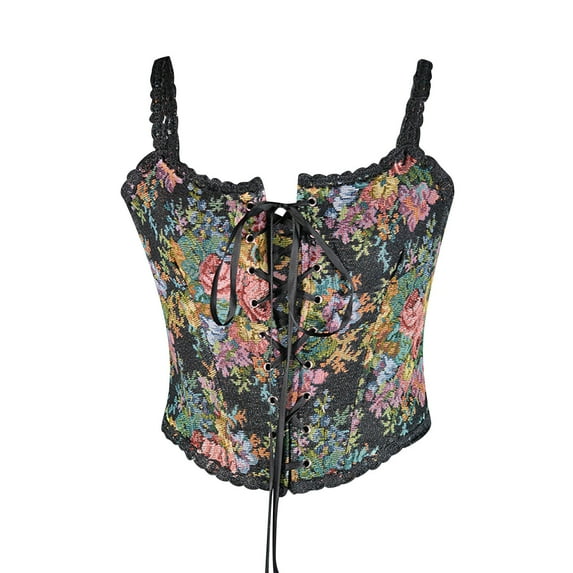 Tuosodrolic Womens Renaissance Corset with Strap Floral Bustier Tops Lace Up Bodice Vintage Boned Camis Overbust Body Shaper, Medieval Corsets for Women Boho Corsets