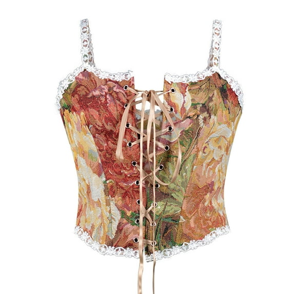 Tuosodrolic Womens Renaissance Corset with Strap Floral Bustier Tops Lace Up Bodice Vintage Boned Camis Overbust Body Shaper, Y2k Crop Tops for Women Retro Embroideried Corset Bustier