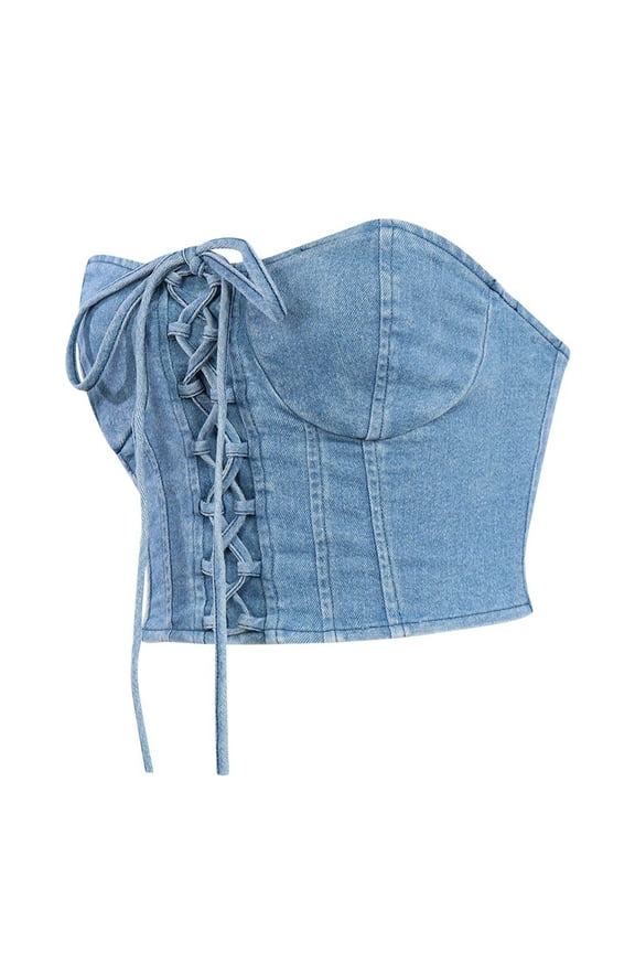 Womens Strapless Tank Tops Rhinestone Corset Tops Denim Corset Tops Push Up Tube Tops Lace Up Jean Bandeau Tops, Jean Corset Tops for Women Lace Up Crop Tops