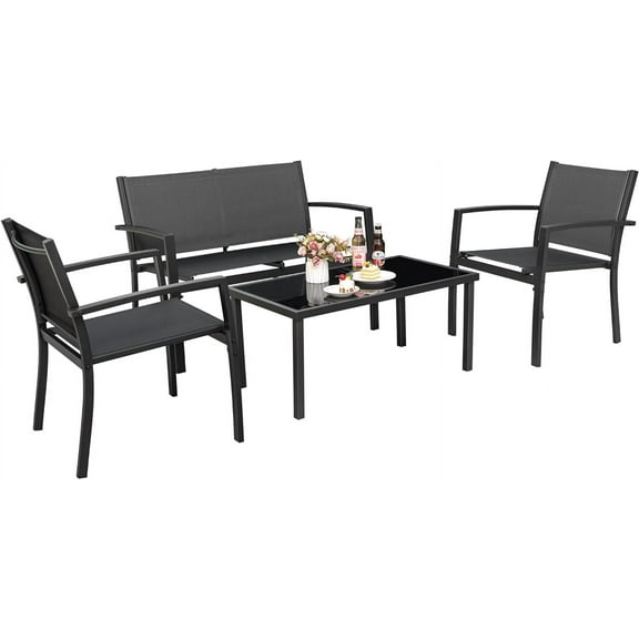Tuoze 4 Pieces Patio Furniture Set Outdoor Conversation Set with Glass Coffee Table Bistro Set with Loveseat Garden Yard Lawn and Balcony (Black)