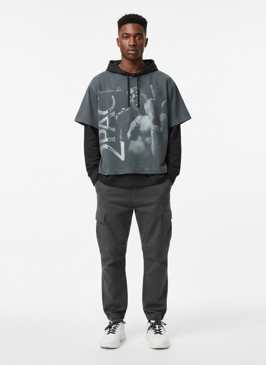 Tupac Men's Layered Look Graphic Tee with Long Sleeve Hoodie, Sizes XS-3XL
