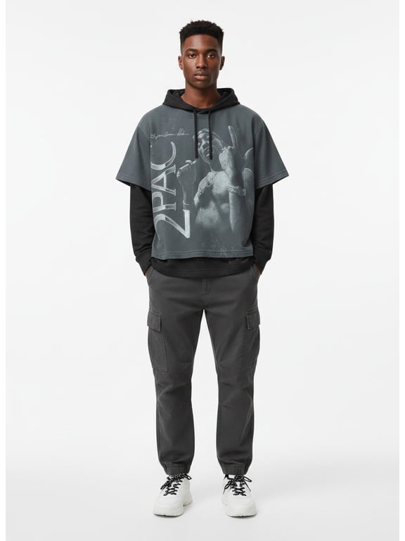 Tupac Men's Layered Look Graphic Tee with Long Sleeve Hoodie, Sizes XS-3XL