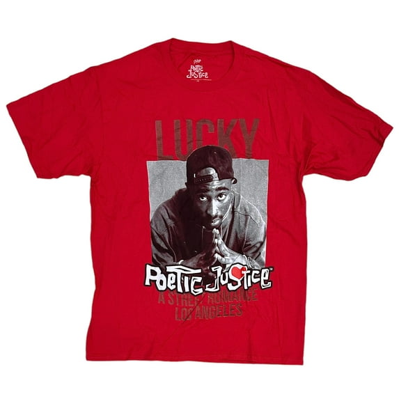 Tupak Shakur Men's Lucky Poetic Justice A Street Romance Los Angeles Tee T-Shirt (X-Large, Red)