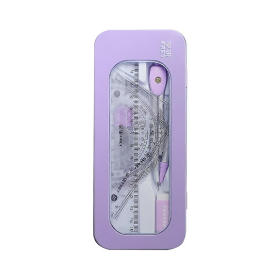 Tuphregyow 7 Piece Math Geometry Kit for Students Includes Shatterproof Storage Box, Ruler, Protractor, Eraser, Lead Refills, and Drawing Pencils Purple