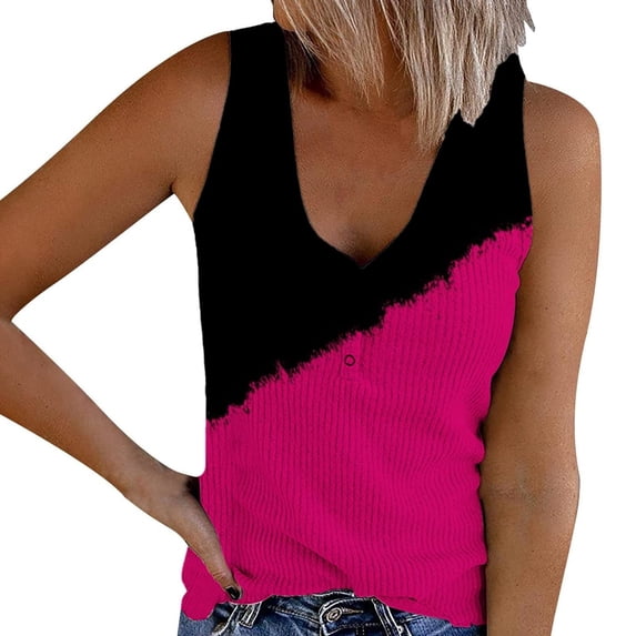 Tuphregyow Bohemian V-Neck Tank Top for Women Summer Fashion Sleeveless Tee Flowy and Loose Fit with Pleated Detail Versatile for Casual Outings and Beach Days Hot Pink XL