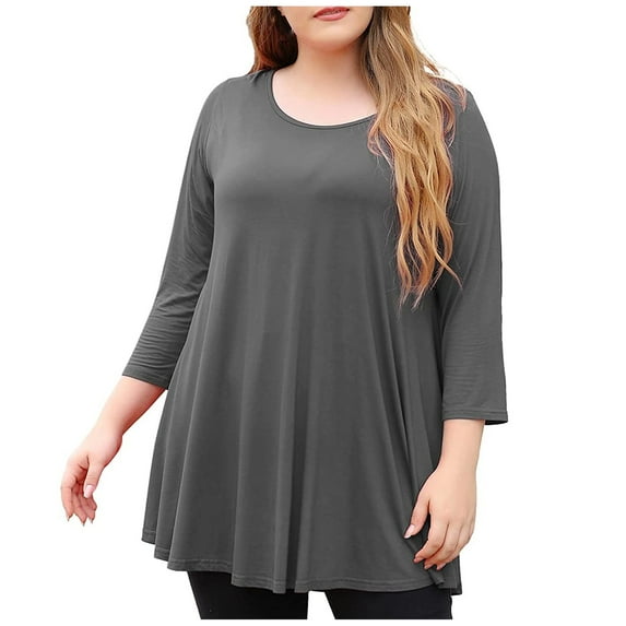 Tuphregyow Clearance Womens Tops Comfy Casual Oversized Swing Blouse Loose Tummy Hiding Plus Size Tunic Top For Ladies Round Neck Long Sleeve Solid Color Gray L
