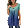thumbnail image 1 of Tuphregyow Clearance Womens Tops Plus Size Tunic Top For Ladies Henley Neck Short Sleeve Gradient Color Comfy Casual Dressy Empire Waist Top for Leggings Tummy Hiding Blue XXL, 1 of 6